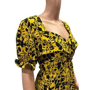 NWT Vintage Retro Style Yellow Mustard Midi Dress Floral Tie Back Size S,M,L
